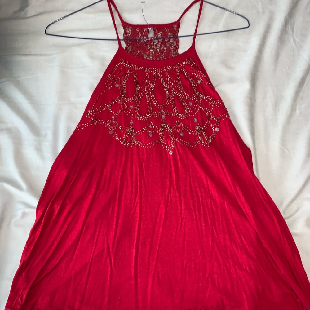Red beaded Tank Top with Lace Back
